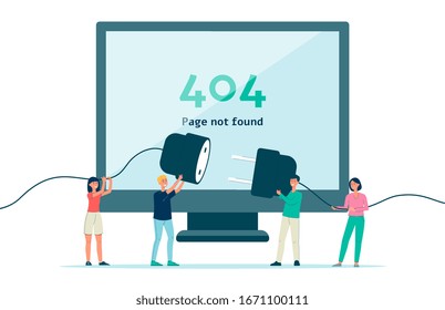 404 page not found error message on computer screen and team of cartoon customer support people holding disconnected plug socket parts to solve problem - flat isolated vector illustration