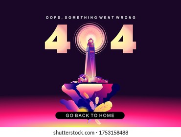404 Page Not Found Error, illustration Beacon is surrounded by storm waves in retro graphic style, purple colors, Social network problems, documents, posters, web page, vector creative design
