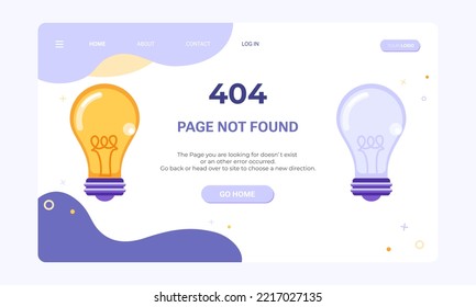 404 Page not found. 404 error web page banner template. Flat illustration of on and off light bulbs for design template of fail and error