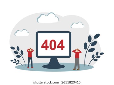 404 Page not found. Error message on the computer. A man and a woman are terrified