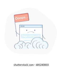 404 page, page not found or error flat line illustration concept. Frustrated browser window with flag "Oops", page does not exist. Isolated vector icon.