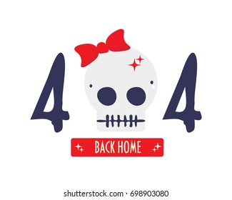 404 or Page Not Found funny vector template with cute girlie skull and Back Home button. Lost Error Page or Wrong Link icon or sign. 
