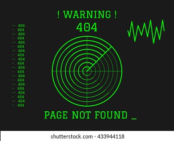 404 Page not found green radar on dark background. Concept Internet webpage vector illustration of 404 Page not found. Report that the page is not found. Vector