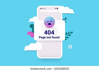 404 page not found - Mobile phone screen with web error message and sad face. Vector illustration