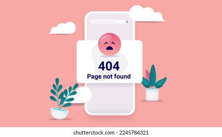 404 page not found - Mobile phone screen with web error message and angry smiley face. Vector illustration