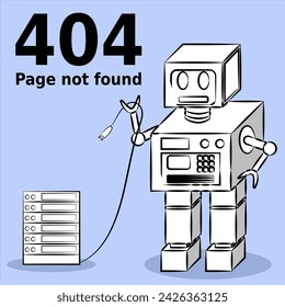404 Página no encontrada, Robot buscando servidor desenchufado, Diseño vectorial para diseño de página web