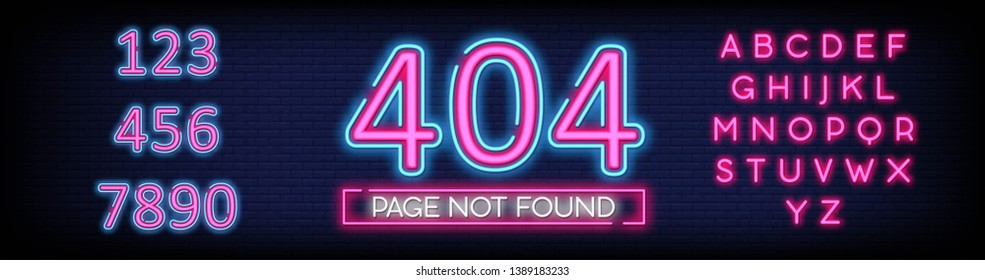 404 page not found vector banner with a Brick Wall Backgrounddesign template  neon sign billboard  contemporary design design. Vector illustration. Editing Text Neon Signs