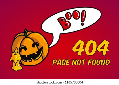 404 page not found web design template with halloween pumpkin, boo and candle. Day of the death website vector decoration. Cartoon doodle character