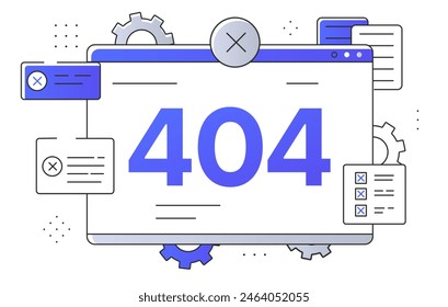 404 concepto de problema. Sitio web o Plantilla de página web. Trabajos de mantenimiento. Algo salió mal. Pantalla de ordenador y portátil. Ilustración vectorial plana lineal aislada sobre fondo blanco