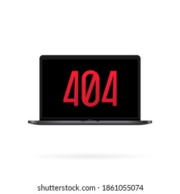 404 sign on laptop screen illustration. Error page or file not found concept. For web page, banner, social media, documents, cards, posters. Vector on isolated white background. EPS 10