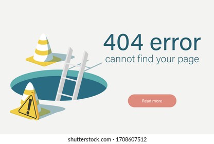 No se encuentra el concepto de la página del sitio 404. Se está construyendo la página de inicio de error de error del sitio web/sitio web. Sitio de construcción con bodega de página web en el diseño del ilustrador.