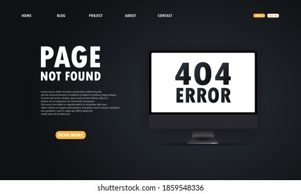 404 Symbol on computer screen. Page not found on computer. Error 404. Dark theme. Web page template. Vector EPS10. Illustration isolated on background