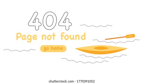 404 system error in doodle style. Page not found. Banner or website template. Lost paddle, missing floating boat. Broken page. Support service. Technical fatal problem.Go home because of disconnection