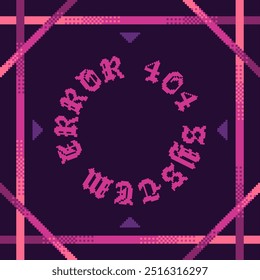 404 Erro do sistema Círculo de Tipografia Gótica com Quadro de Gradiente, Pixel Art Style Illustration