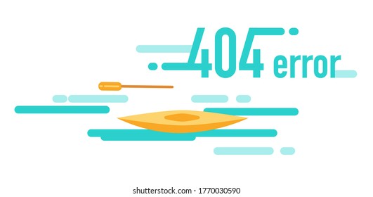 404 system error.Page not found. Banner or website template. Lost paddle, missing floating boat. Broken page. Support service. Technical problem. Vector illustration in flat style. Fatal error