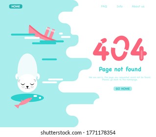 404 error del sistema.Página no encontrada.  Plantilla de sitio web con error fatal. Servicio de soporte técnico. Agujero helado, foca y pescado enganchado. Barco hundido. Problemas técnicos. Ilustración vectorial en estilo plano