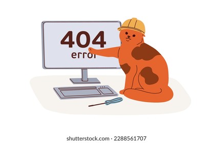 404, web error, page not found mistake, website access failure. Wrong failed webpage design with cute funny cat. Loading trouble, problem. Flat graphic vector illustration isolated on white background