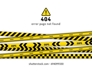 404 website page not found with black and yellow striped borders vector illustration. Border stripe web, warning banner template. 404 error page not found.