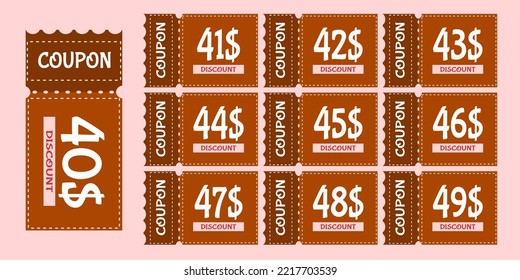 40-49$ Various Coupon promotion illustration set. Discount coupon, voucher. Vector illustration with chocolate color.