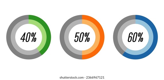 40,50,60 percent circle shape diagrams,colorful percentage infographic symbol,pie charts,vector.
