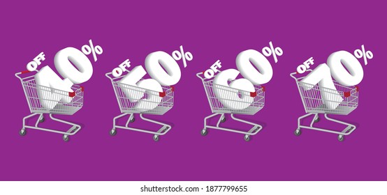 40 %-70 % Text im Warenkorb für Discount-Werbekonzeption, Vektordesign 
