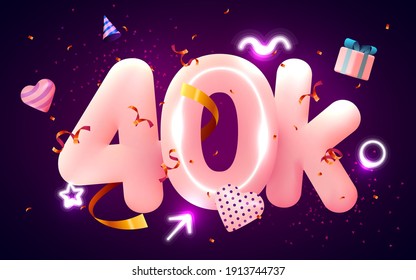 40k or 40000 followers thank you Pink heart, golden confetti and neon signs. Social Network friends, followers, Web user Thank you celebrate of subscribers or followers and likes. Vector illustration