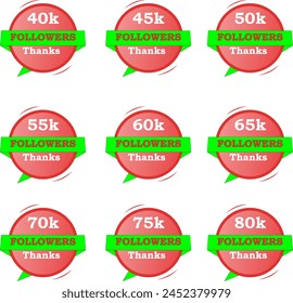 40k, 45k, 50k, 55k, 60k, 65k, 70k, 75k, 80k followers bundle for users with Red gradient, light green and plain white background in graphic world.