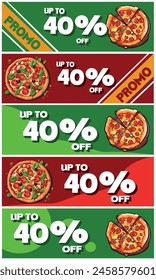 40OFF, Packung mit 5 Rabatt-Coupons für den Kauf von Pizzen, Farben grün und rot. 40 Prozent Rabatt