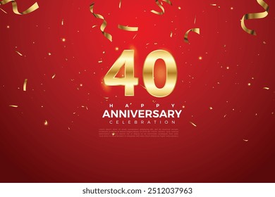 40th Anniversary celebration, 40 Anniversary celebration On Red background for celebration event, festive illustration, Golden number 40 sparkling confetti, 40,41
