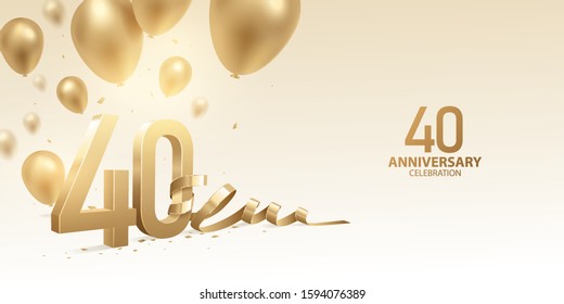40th Anniversary celebration background. 3D Golden numbers with bent ribbon, confetti and balloons.
