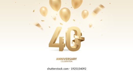 40th Anniversary celebration background. 3D Golden numbers with golden bent ribbon, confetti and balloons.