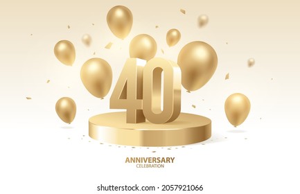 40th Anniversary celebration background. 3D Golden numbers on round podium with confetti and balloons.