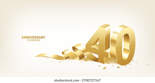 Contexto da celebração do 40º aniversário. Números dourados 3D com fita e confete.