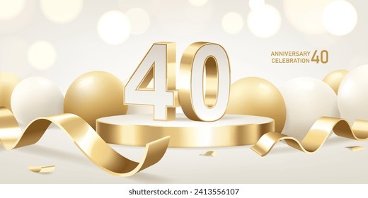 40th Anniversary celebration background. Golden 3D numbers on round podium with golden ribbons and balloons with bokeh lights in background.