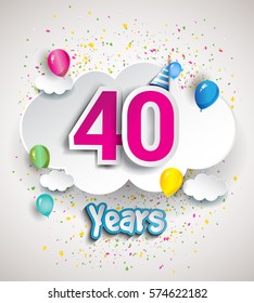 40th Anniversary Celebration Design, with clouds and balloons, confetti. Vector template elements for your, forty years birthday celebration party.