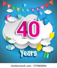 40th Anniversary Celebration Design, with clouds and balloons, confetti. Vector template elements for your, forty years birthday celebration party.