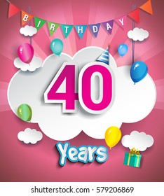 40th Anniversary Celebration Design, with clouds and balloons. using Paper Art Design Style, Vector template elements for your, forty years birthday celebration party.