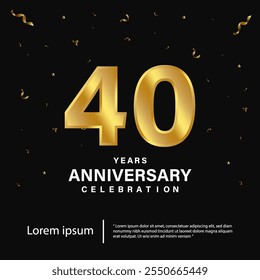 40th Anniversary celebration emblem. Gold anniversary logo on black background. Happy anniversary banner template design for web, poster, flyers, greeting card and invitation card.