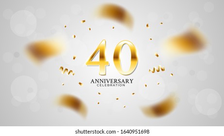 40th anniversary celebration with gold color and white background bokeh effects and sparkling confetti. modern elegant design can be used for a wedding or company. editable vector EPS 10