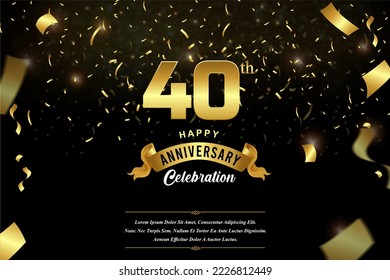 Celebración del 40 aniversario Números de oro con medio tono salpicado, sombra y confeti brillante. diseño moderno y elegante con un fondo negro. para la decoración de eventos de bodas.