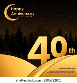 40th anniversary, Anniversary Celebration with golden text, isolated on mountains background, vector template illustration