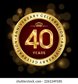 40th Anniversary Celebration. logo design with golden number and ring for birthday celebration event, invitation, greeting card, banner, poster, flyer, brochure, book cover. Logo Vector Template