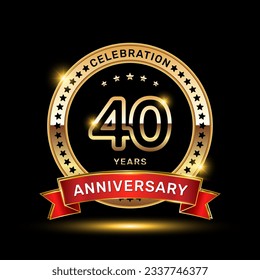 40th anniversary celebration logo design with golden color emblem style and red ribbon, vector template