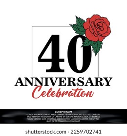 conmemoración del 40 aniversario logo diseño vectorial con flor rosa roja con fuente de color negro sobre fondo blanco abstracto  