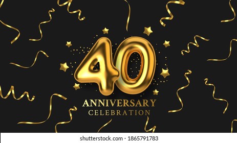 40th Anniversary celebration. Number in the form of golden balloons. Realistic 3d gold numbers and sparkling confetti, serpentine. Horizontal template for Birthday or wedding event. Vector