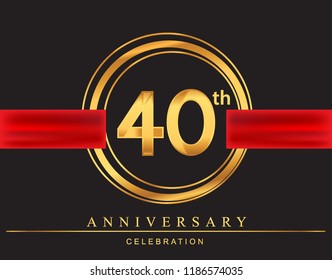 40th anniversary design logotype golden color with ring and red ribbon for anniversary celebration, elegant design.