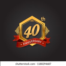 40th anniversary design logotype style with golden hexagon, ornament and red ribbon for use in celebration event.