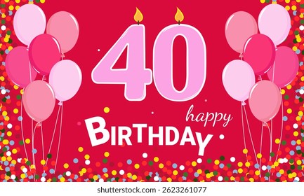 40th anniversary. Happy Birthday. A banner with balloons and candles with a number on a pink background.