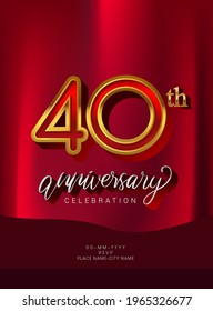 40th Anniversary Invitation and Greeting Card Design, Golden and Silver Colored, Elegant Design, Isolated on Red Background. Vector illustration.