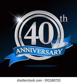 40th Anniversary Logo With Blue Ribbon And Silver Ring, Vector Template For Birthday Celebration.